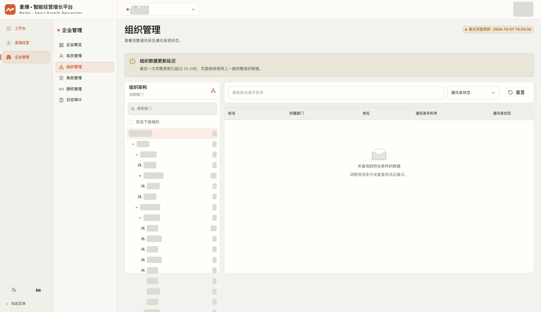 组织管理:组织树、下级范围和人员筛选